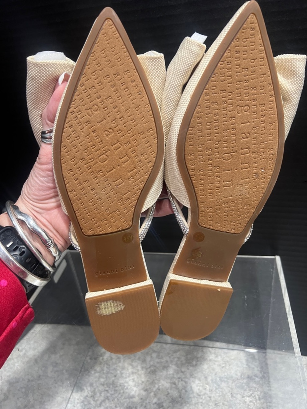 Gianni Bini Beige Bow Slide Sandals with Silver Rhinestone Straps - Picture 4 of 4